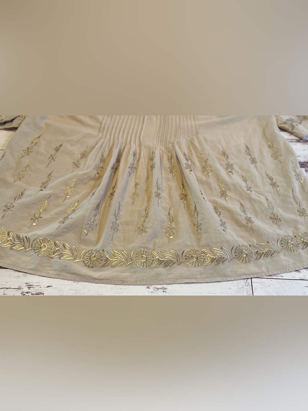 Catherines Light Cotton Blouse 14W/16W Khaki Pleating Buttons Embroidery Detail - Picture 15 of 15